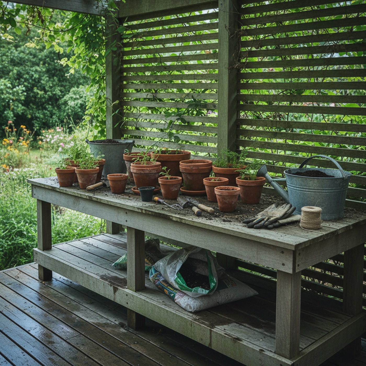 Clay pots stacked against a weathered timber wall with a watering can beside them